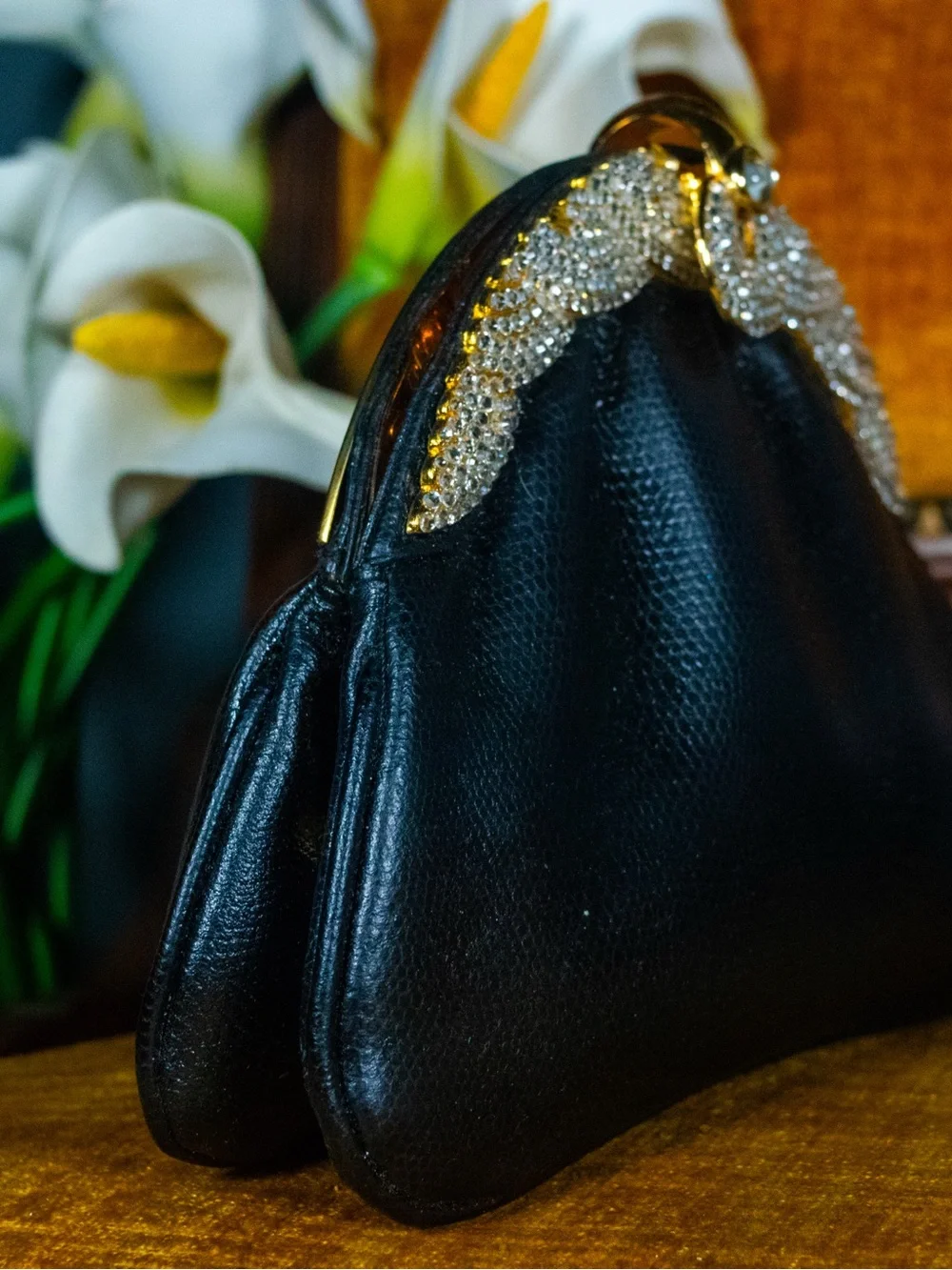 Black Evening Clutch with Gold Crystal Frame